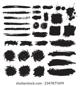 El Cepillo Negro Activa El Spray De Los Cuadros De Tinta. Conjunto de elementos de diseño de pinceladas artísticas negras aisladas en el fondo blanco.
