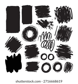 Black brush strokes and ink textures. Hand drawn paint brush text boxes. Ink splatters and scribble elements.
