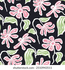 Black brush strokes inky pink flowers seamless pattern on black background. Abstract floral contemporary wallpaper.