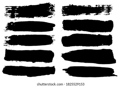 Black brush strokes isolated on white. Textured dry ink smears. Hand drawn brush smudges vector collection. Black daubs set. Label backgrounds patch. Watercolor smears. Gouache grunge traces