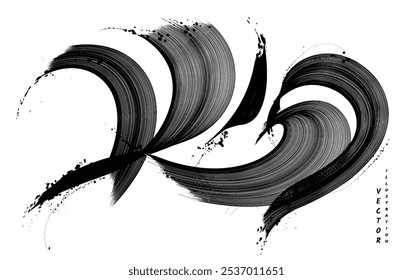 Black brush strokes isolated on white background. Horizontal banner in modern asian style. Black paint splattered, turbulent, design elements