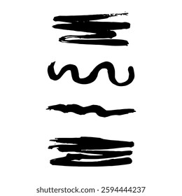 Black Brush strokes isolated on white background. Dry Brush Strokes and Scratches Retro Grunge Background. Vector brush stroke texture. Black ink, paint splatter.