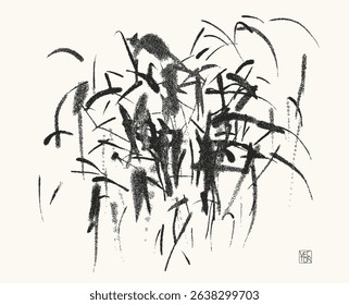 Black brush strokes isolated on white background. Horizontal banner in modern asian style.  Silhouette of grass and leaves. Random, chaotic element for your design.