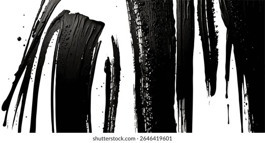 Black brush strokes isolated on white background. Horizontal banner in modern asian style. Black paint splattered, turbulent, design elements
