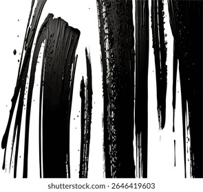 Black brush strokes isolated on white background. Horizontal banner in modern asian style. Black paint splattered, turbulent, design elements