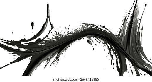 Black brush strokes isolated on white background. Horizontal banner in modern asian style. Black paint splattered, turbulent, design elements