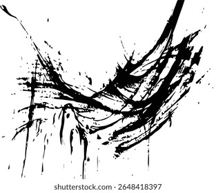 Black brush strokes isolated on white background. Horizontal banner in modern asian style. Black paint splattered, turbulent, design elements