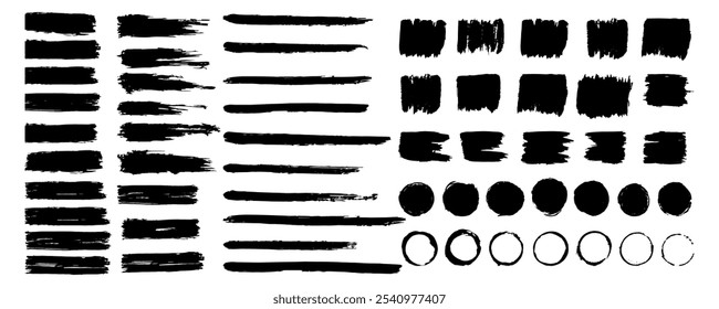 Black brush strokes. Large set of vector text boxes. Grunge texture. Abstract stains. Hand drawn circles, squares and stripes on white background. EPS 10.