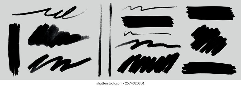 Black brush strokes on a gray background. Various brush strokes, black and bold. Abstract black strokes, different shapes and sizes. Artistic brush strokes. Creative elements, vector set.