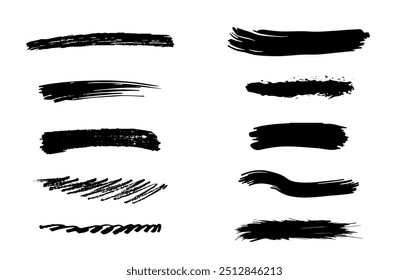 Black brush strokes and paint textures in different shapes and styles isolated on white background. Grunge, dry, and textured strokes set. Hand drawn brush stroke textures set. Vector art.