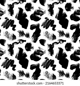 Black brush strokes seamless pattern. Abstract hand painted ornament with texture brush strokes. Black ink curly smears. Hand drawn blots with dry rough edges. Geunge freehand texture background