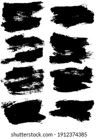 Black brush strokes set backgrounds. Artistic lines grunge collection. Set of black grungy hand painted brush strokes isolated on white. Abstract ink texture, design elements.