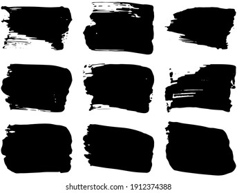 Black brush strokes set backgrounds. Artistic lines grunge collection. Set of black grungy hand painted brush strokes isolated on white. Abstract ink texture, design elements.