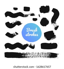 Black brush strokes - set of isolated design elements on white background. A collection of ink paintings, abstract textures, lines, curves and waves. Freehand drawing, gouache dirty marks