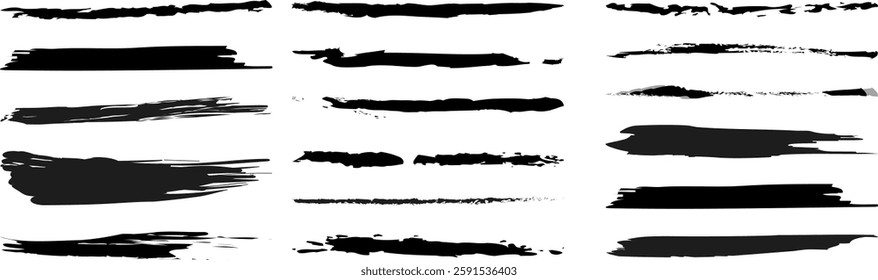 Black brush strokes set isolated on background. Ink paint brush stroke vector, grunge design element, dirt banner, watercolor design, dirty texture.