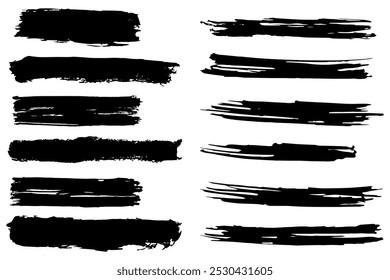 Pinceladas negras. Conjunto de cuadros de texto de Vector sobre fondo aislado. Textura grunge. Rectángulos y rayas dibujados a mano.
