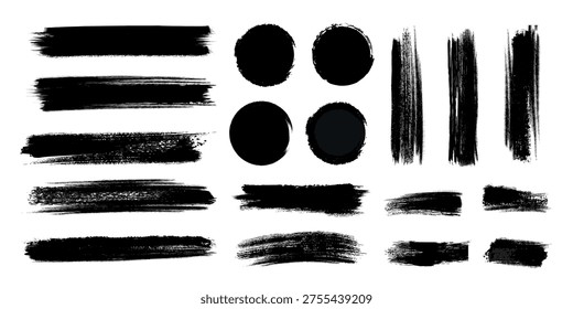 Black brush strokes and shapes including lines, circles, and ovals on a white background for artistic design and creative projects