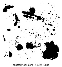 Black Brush strokes and splashes isolated om white. Ink hand drawn painting. Set collection. Vector artwork