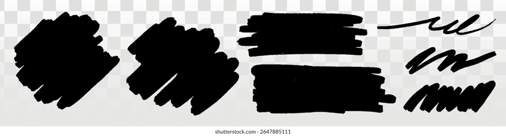 Black brush strokes of varying thickness and style on a transparent background, showcasing diverse brush stroke patterns and textures in black ink. Creative elements, vector set.