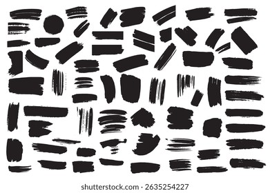 Black brush strokes vector illustration, abstract grunge texture on white background. Artistic design element, paint smear, ink splatter, creative graphic element