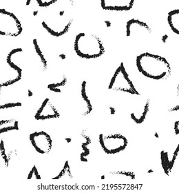 Patrón sin fisuras del vector de pincel negro. Diseño vectorial caótico en blanco y negro impecable. Líneas curvas y onduladas dibujadas a mano con círculos de estilo ondulado.