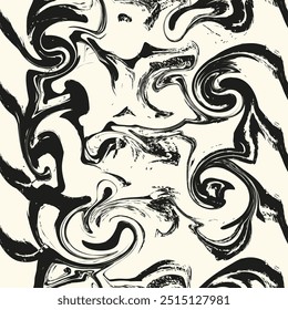 Black brush strokes vector seamless pattern. Hand drawn curved and wavy lines with circles in grunge style. Chaotic painted brush scribble decorative texture. Messy scribbles, bold curvy lines.