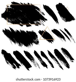 black brush strokes vector set backgrounds. Artistic lines grunge collection boxes, frames for text. Set of black grungy hand painted brush strokes isolated on white. Abstract ink texture