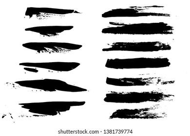 black brush strokes vector set backgrounds. Artistic lines grunge collection boxes, frames for text. Set of black grungy hand painted brush strokes isolated on white. 