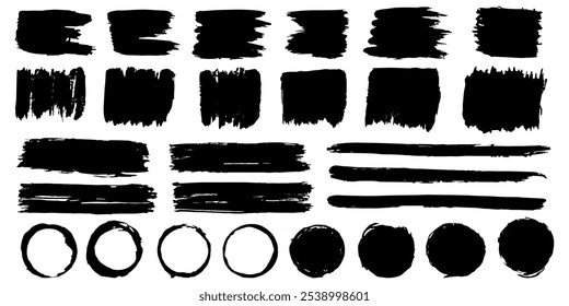 Black brush strokes. Vector text boxes set. Grunge texture. Hand drawn circles, squares and stripes. Vector. EPS 10.