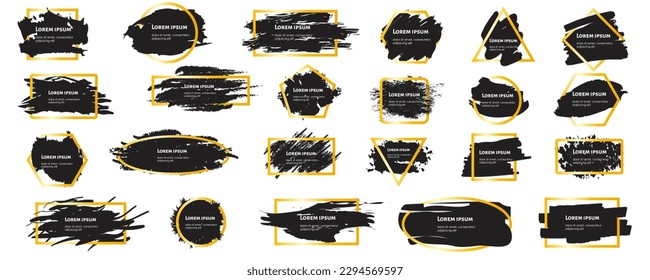 Black brush strokes in yellow square frame. Dirty artistic design elements, boxes, frames for text.