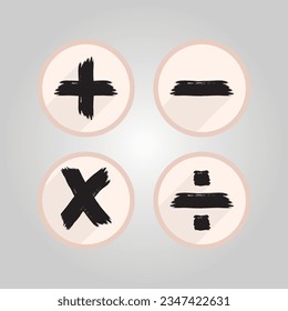 Black brush style basic mathematical signs with long shadow round pink trendy icons set design elements on gray gradient background