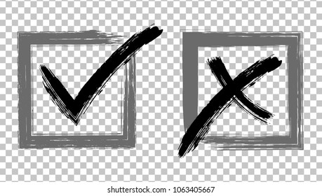 Black brush symbolic approval icons in grey square cell frames on transparent. Tick and cross signs, check marks design. Confirm and decline symbol vector vote buttons, election choice.