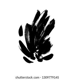 Black brushstrokes hand drawn vector illustration. Abstract freehand drawing. Floral dry paint brush texture. Grunge isolated clipart. Greeting card, postcard, textile monochrome design element 