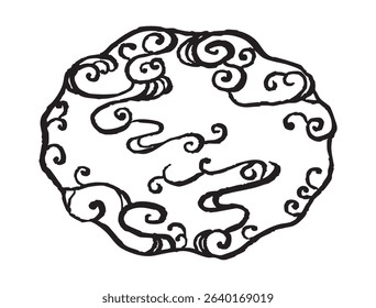 Black brush-style Japanese abstract illustration. Elliptical frame with ink brush waves. Concept of the sea and spray