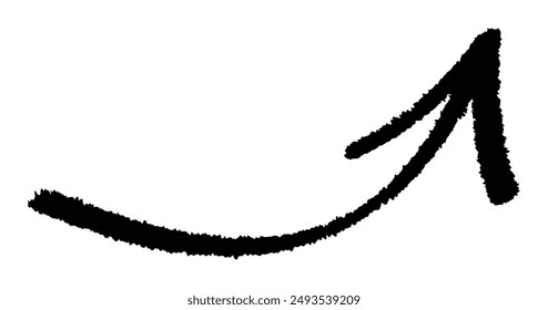 Black brush-styled arrow pointing up right with a curved line. Vector illustration.