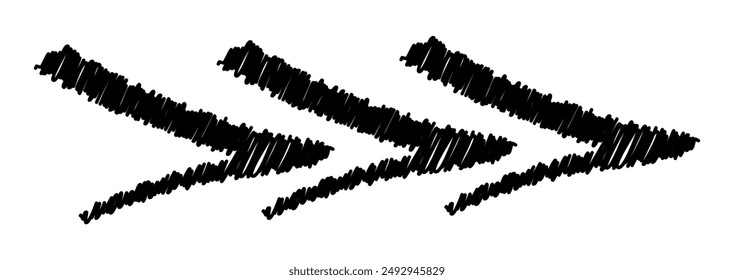 Black brush-styled arrows pointing right with shaded lines. Vector illustration.