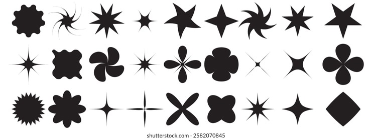  black Brutalist abstract geometric shapes and grids. Brutal contemporary figure star oval spiral flower and other primitive elements. Swiss design aesthetic.   Vector illustration. 1176