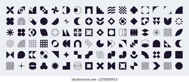 Black brutalist style shapes, bauhaus design aesthetic elements, abstract geometric forms and symbols. Retro swiss graphic element, simple star, lines and arch shape, basic figure vector set