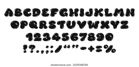 Black bubble alphabet, kids font. Cute numbers from 0 to 9. Funny balloon typeface in trendy y2k graffiti style. Playful bubble font. Plump digits and letters, punctuation marks