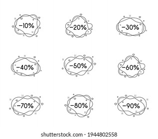 la forma de burbuja negra se reduce del 10% al 90% con decoraciones aisladas en fondo blanco. Etiquetas de descuento de negocios para tiendas y publicidad promocional