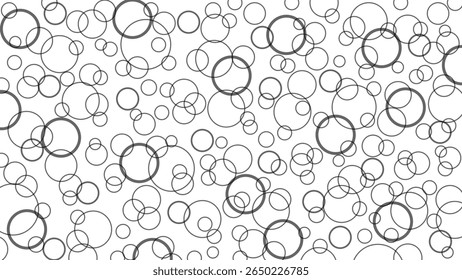 Bulles noires sur fond blanc, fond d'écran avec disques, cercles, bulles d'air. Effet de vol, dessin aéré clair.