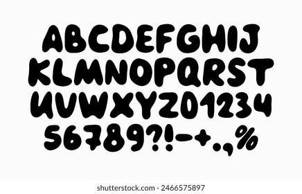 Black bubbly font set featuring uppercase letters, numbers and special characters. Ideal for fun and creative design projects. Vector illustration