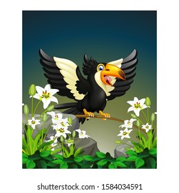 Black Buceros Bird On Tree Branch With White Flower And Rocks Cartoon for your design