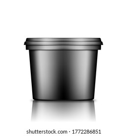 Black bucket with cap mockup isolated from background: ice cream, yoghurt, mayo, paint, or putty container. Plastic package design. Blank food or decor product template. 3d vector illustration