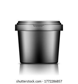 Cubo negro con el capuchón aislado del fondo: helado, yogur, mayonesa, pintura o recipiente de cemento. Diseño de paquetes de plástico. Comida en blanco o plantilla de producto de decoración. 3.ª ilustración vectorial