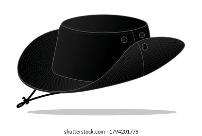 Black Bucket Hat With Cord and Stopper Template on White Background, Vector File.