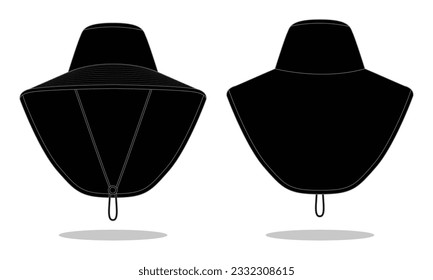 Black bucket hat with cover neck protection template on white background.Front and back view, vector file