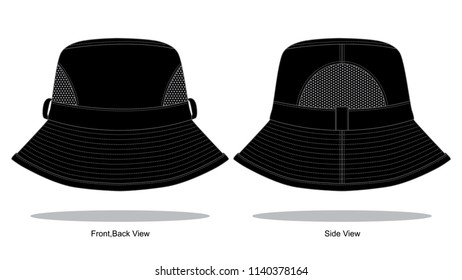 Black Bucket Hat With Mesh At Side Panel Template on White Background, Vector File
