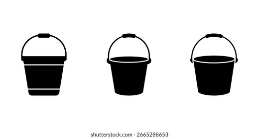 Black bucket icon set isolated on white background. These black bucket icons are suitable for cleaning or gardening content, representing tasks and tools.