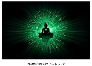 Black Buddha silhouette against Dark green background. yoga